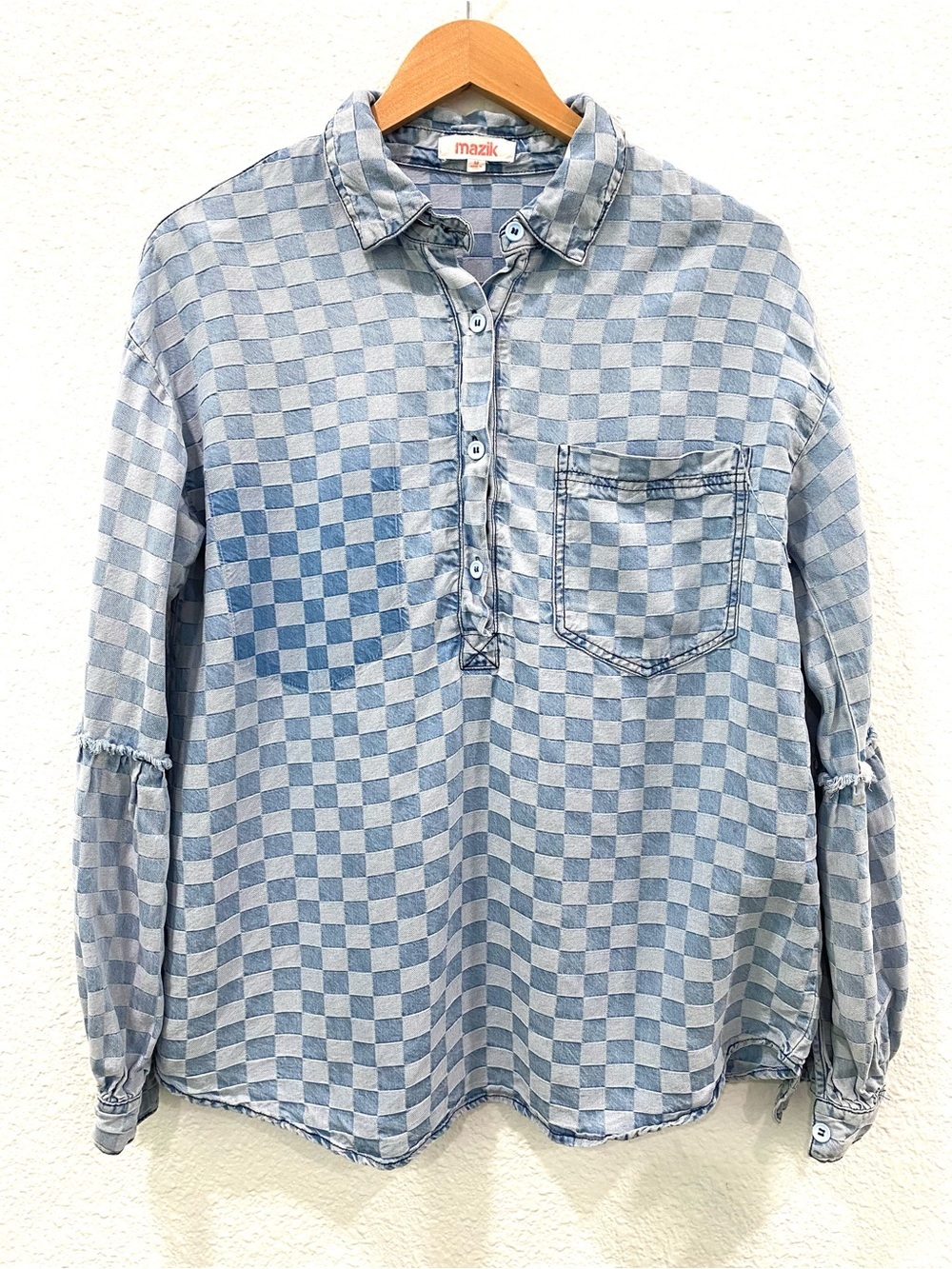 Mazik Boho Checkerboard Chambray Shirt Frayed Sleeve Oversized Arsty Size M